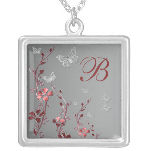 Red and Silver Floral Monogrammed Necklace