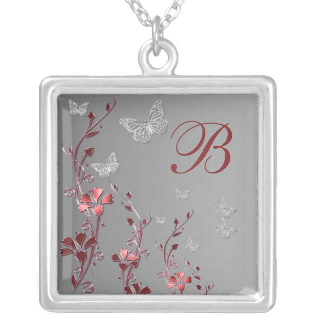 Red and Silver Floral Monogrammed Necklace (Front)