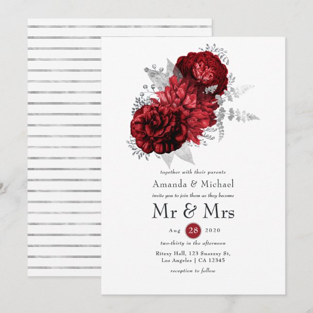 Red and Silver Floral Mr. & Mrs. Wedding Invitation (Front/Back)