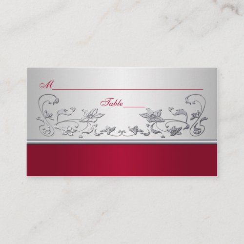 Red and Silver Floral Place Cards Business Card Template