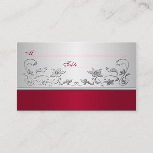 Customizable Red and Silver Floral Place Cards Business Card Template