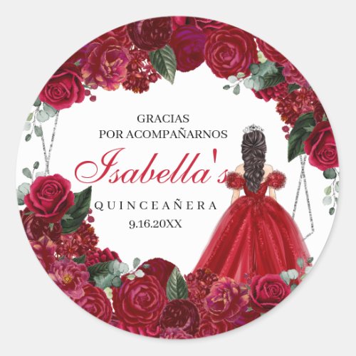  Red and Silver Floral Quinceanera Classic Round S Classic Round Sticker