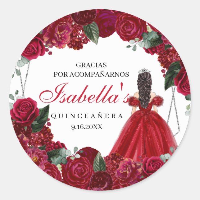  Red and Silver Floral Quinceanera Classic Round S Sticker (Front)