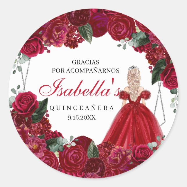  Red and Silver Floral Quinceanera Classic Round Sticker (Front)