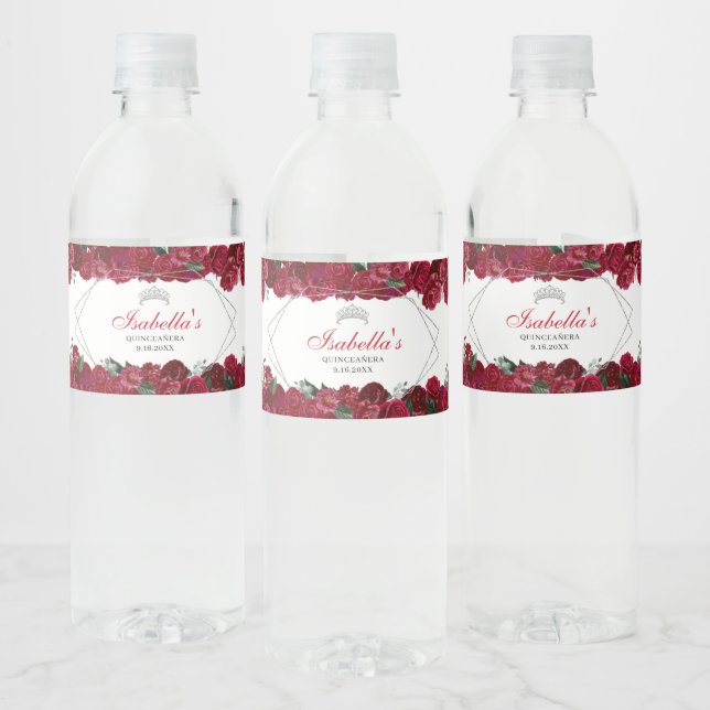 Red and Silver Floral Quinceanera Water Bottle Label (Bottles)