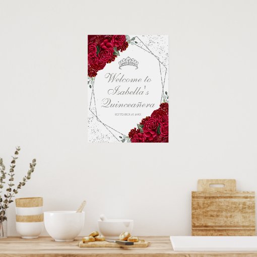 Red and Silver Floral Quinceanera Poster Zazzle