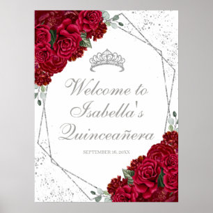 Red and Silver Floral Quinceanera Welcome Poster