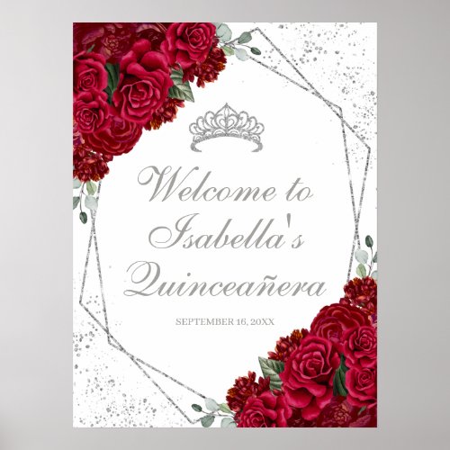 Red and Silver Floral Quinceanera Welcome Poster