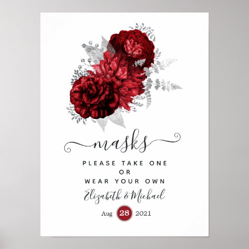 Red and Silver Floral Wedding Face Masks Poster