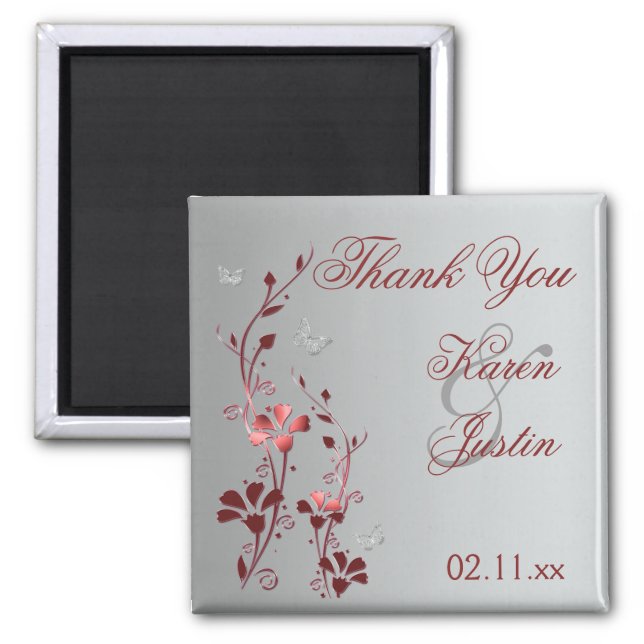 Red and Silver Floral Wedding Favor Magnet (Front)