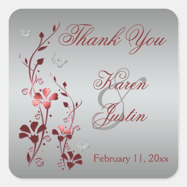 Red and Silver Floral Wedding Favor Sticker (Front)