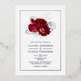 Red and Silver Floral Wedding Foil Invitation