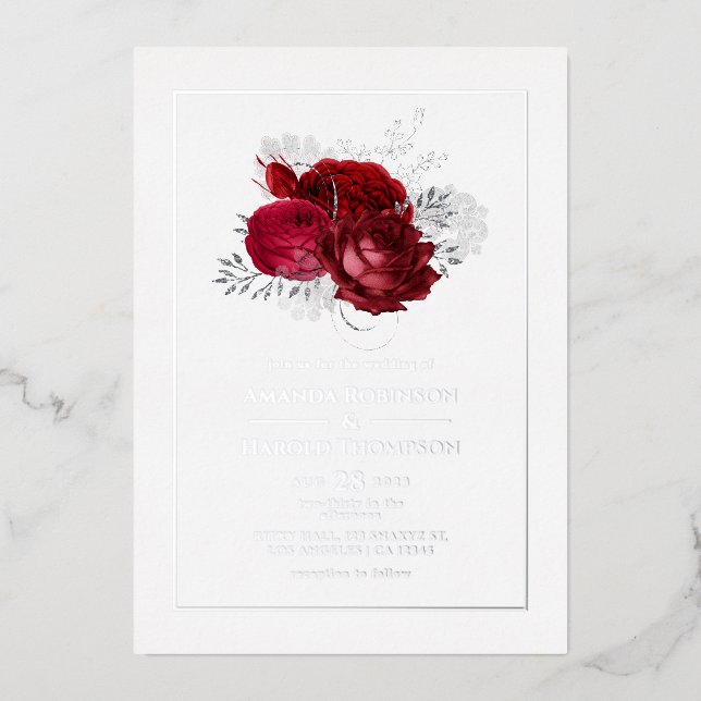 Red and Silver Floral Wedding Foil Invitation (Front)