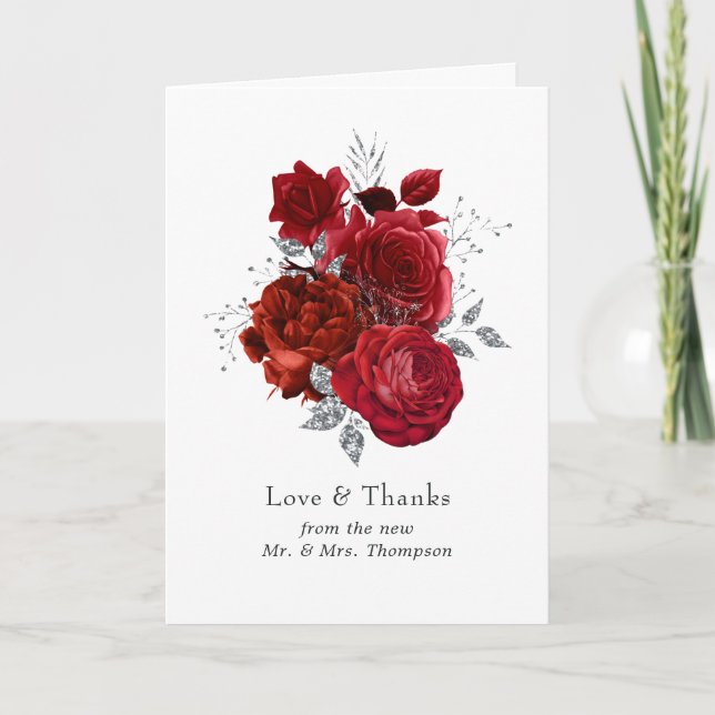 Red and Silver Floral Wedding Letterpress Thank You Card (Front)