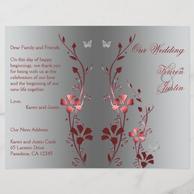 Red and Silver Floral Wedding Program (Front)