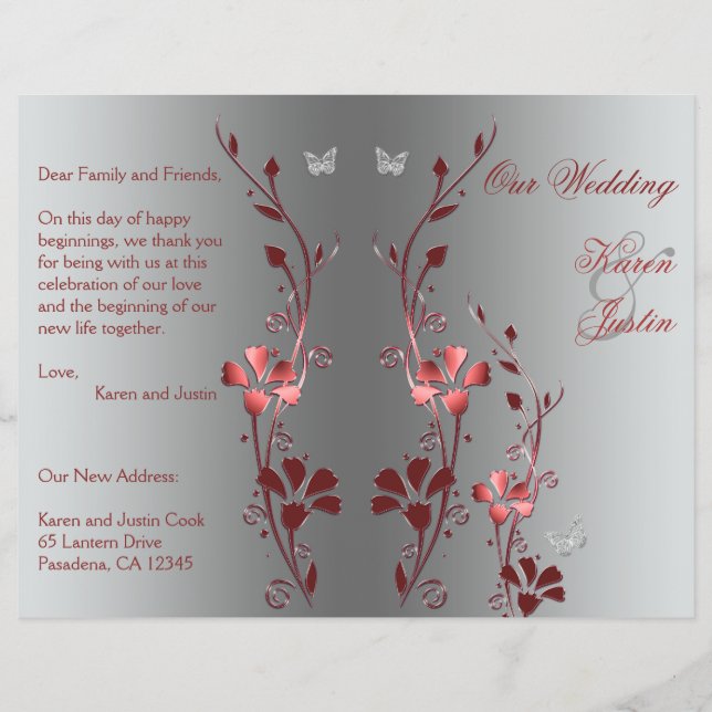 Red and Silver Floral Wedding Program (Front)