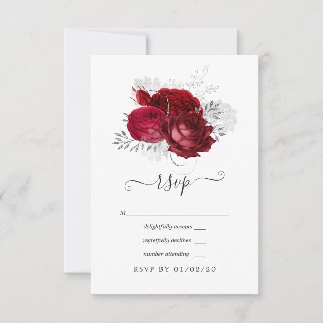 Red and Silver Floral Wedding RSVP Card (Front)