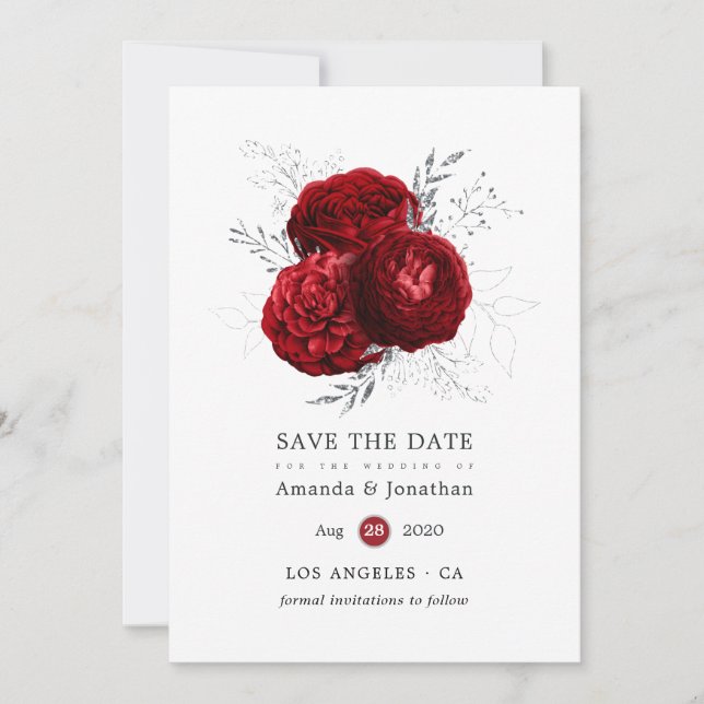 Red and Silver Floral Wedding Save The Date (Front)