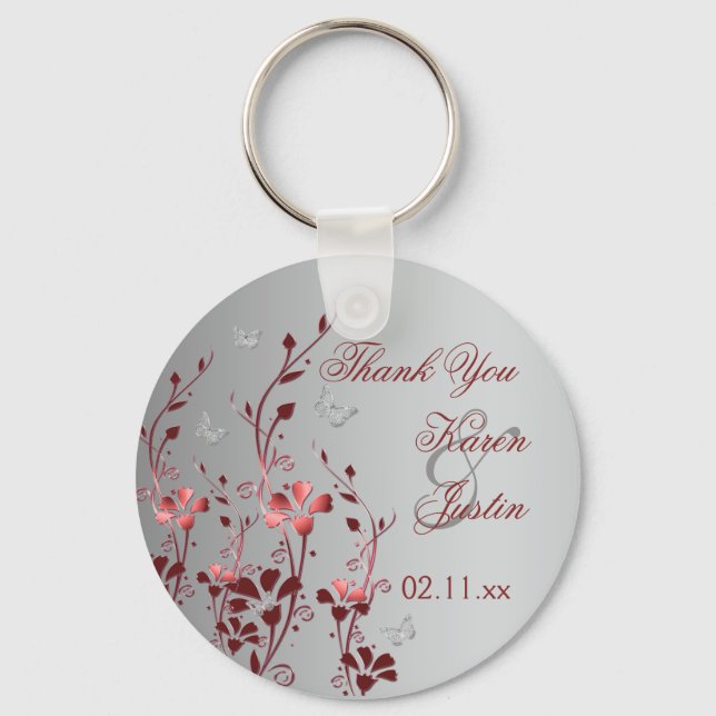 Red and Silver Floral with Butterflies Keychain (Front)
