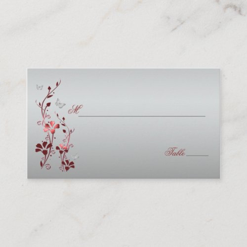 Red and Silver Floral with Butterflies Placecards Business Cards