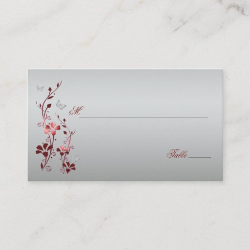 Customizable Red and Silver Floral with Butterflies Placecards Business Cards