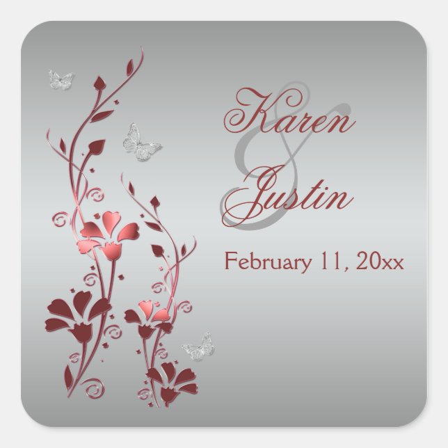 Red and Silver Floral with Butterflies Sticker (Front)