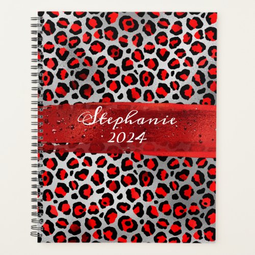 Red and Silver Foil Leopard Brush Stroke Planner
