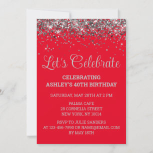 Red and Silver Glitter 40th Birthday Party Forty Invitation