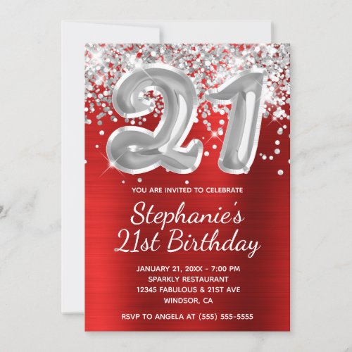 Red and Silver Glitter Balloon 21st Birthday Invitation
