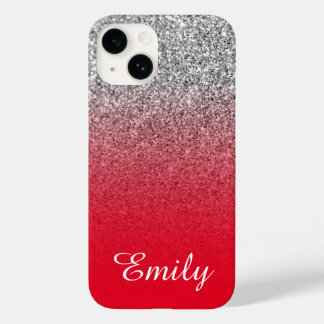 Red and Silver Glitter Ombre Personalized Case-Mate iPhone 14 Case