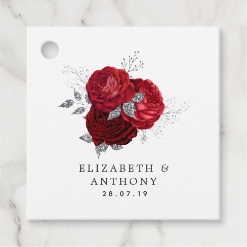 Red and Silver Glitter Vintage Rose Wedding Favor Tags