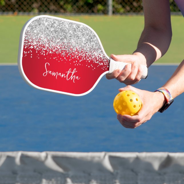 Red and Silver Glittery Glam Script Name Pickleball Paddle (Insitu)