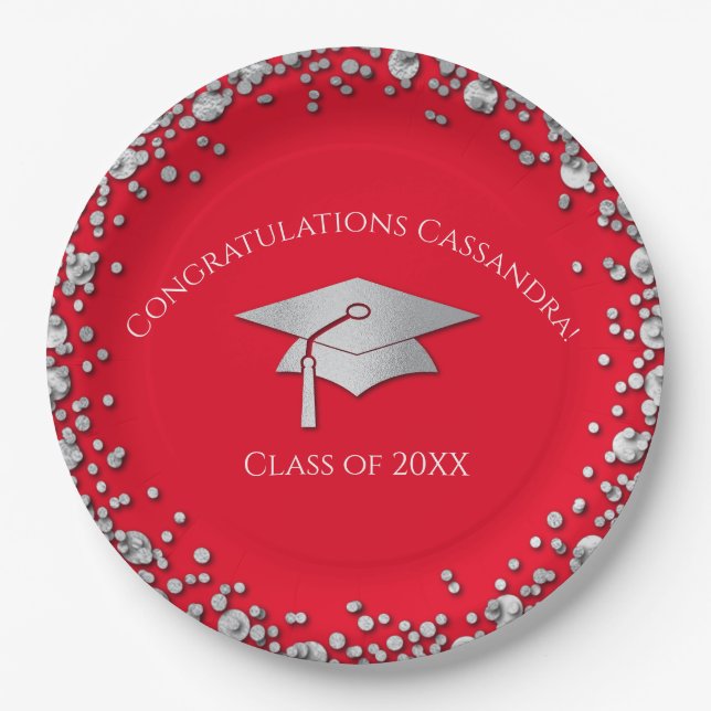 Red and Silver Graduation Paper Plates (Front)