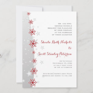 Red and silver gray snowflake wedding invitation
