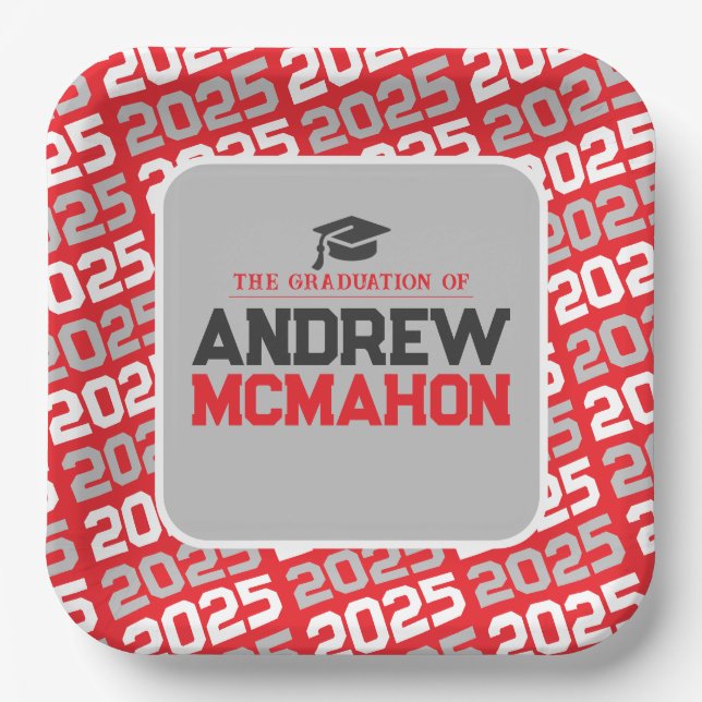 Red and Silver Grey Personalized Graduation Paper Plates (Front)