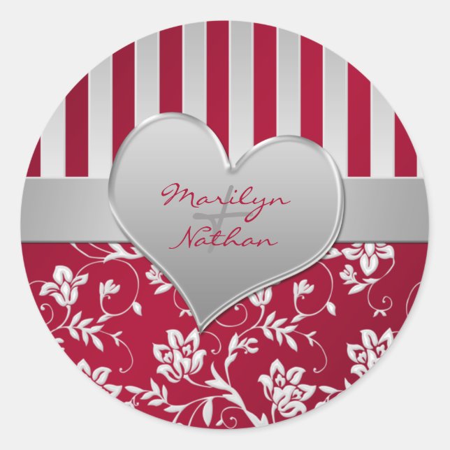 Red and Silver Heart 1.5" Round Wedding Sticker (Front)