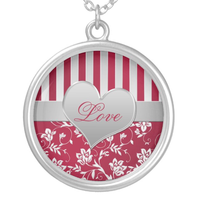 Red and Silver Heart Floral Striped Love Necklace (Front)
