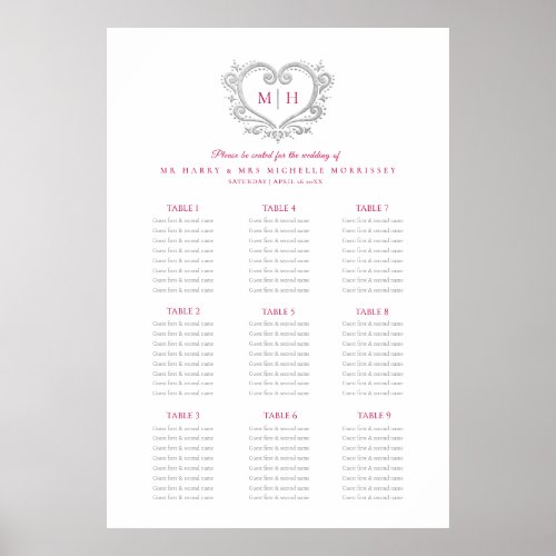 Red and silver heart wreath wedding seating chart