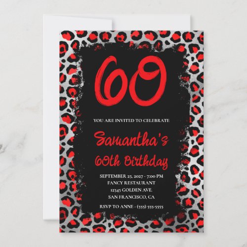 Red and Silver Leopard Painted Black 60th Birthday Invitation