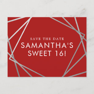 Red and Silver Modern Sweet 16 Save the Date Announcement Postcard