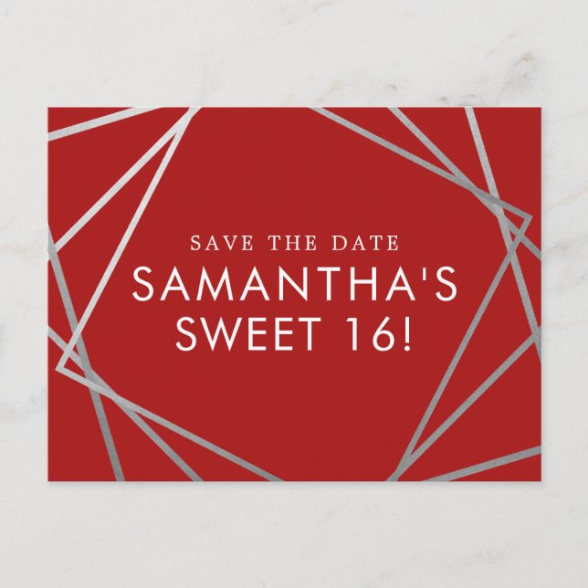 Red and Silver Modern Sweet 16 Save the Date Announcement Postcard (Front)