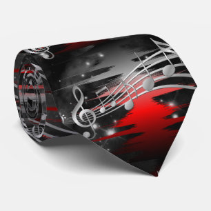 Red and Silver Music Sound Wave and Notes Neck Tie
