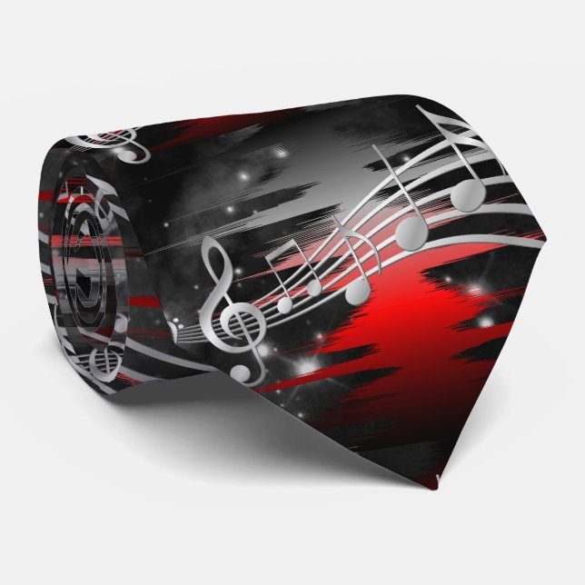Red and Silver Music Sound Wave and Notes Neck Tie (Rolled)