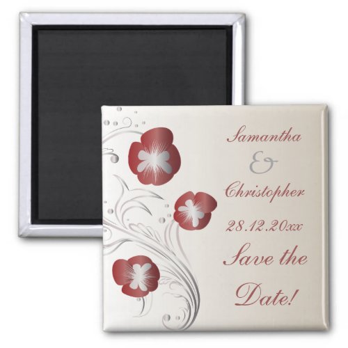 Red and Silver Pansy Wedding Save the Date Magnet
