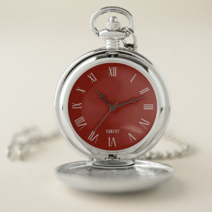 Red and Silver Roman Numerals Personalizable Name Pocket Watch