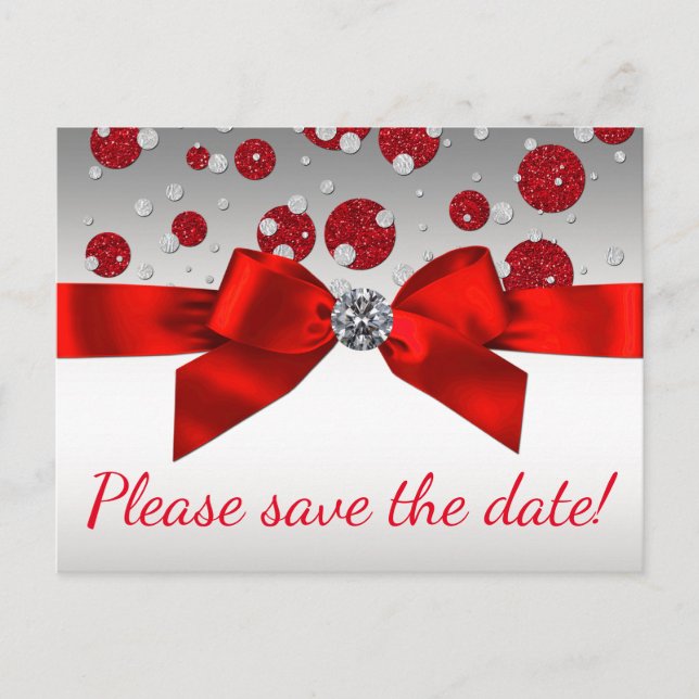 Red and Silver Save The Date Postcards (Front)