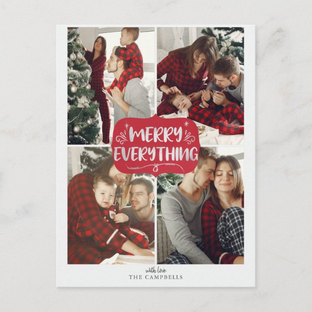 Red and Silver Stars Merry Everything Multi Photo Holiday Postcard (Front)