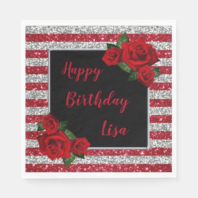 Red And Silver Stripes Glitter Red Roses Birthday Napkins (Front)