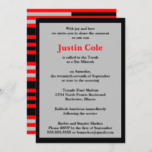 Red and Silver Stripes on Black Bar Mitzvah Invitation