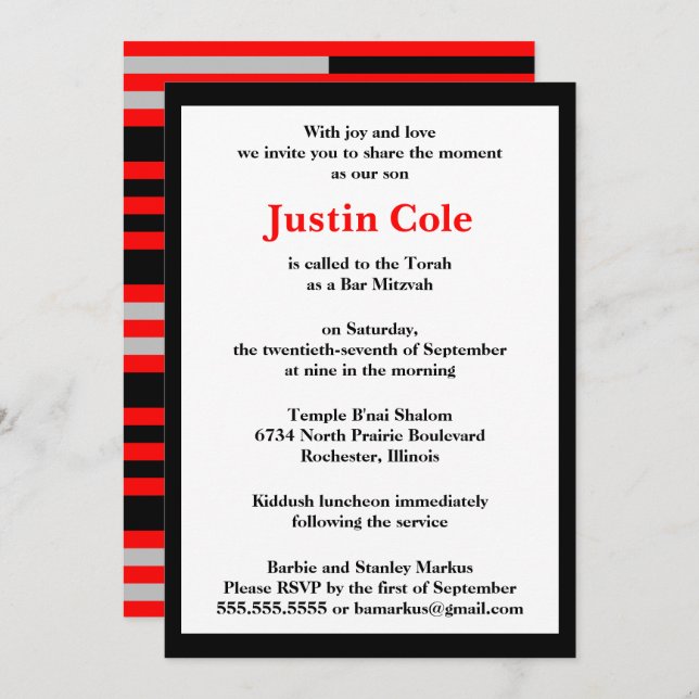 Red and Silver Stripes on Black Bar Mitzvah Invitation (Front/Back)